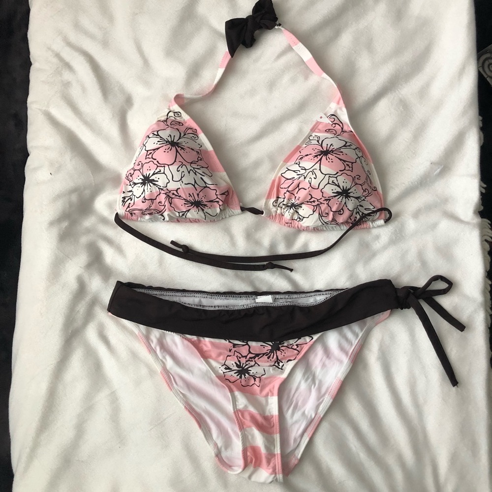 Pink & White Striped Brown Flower Bikini